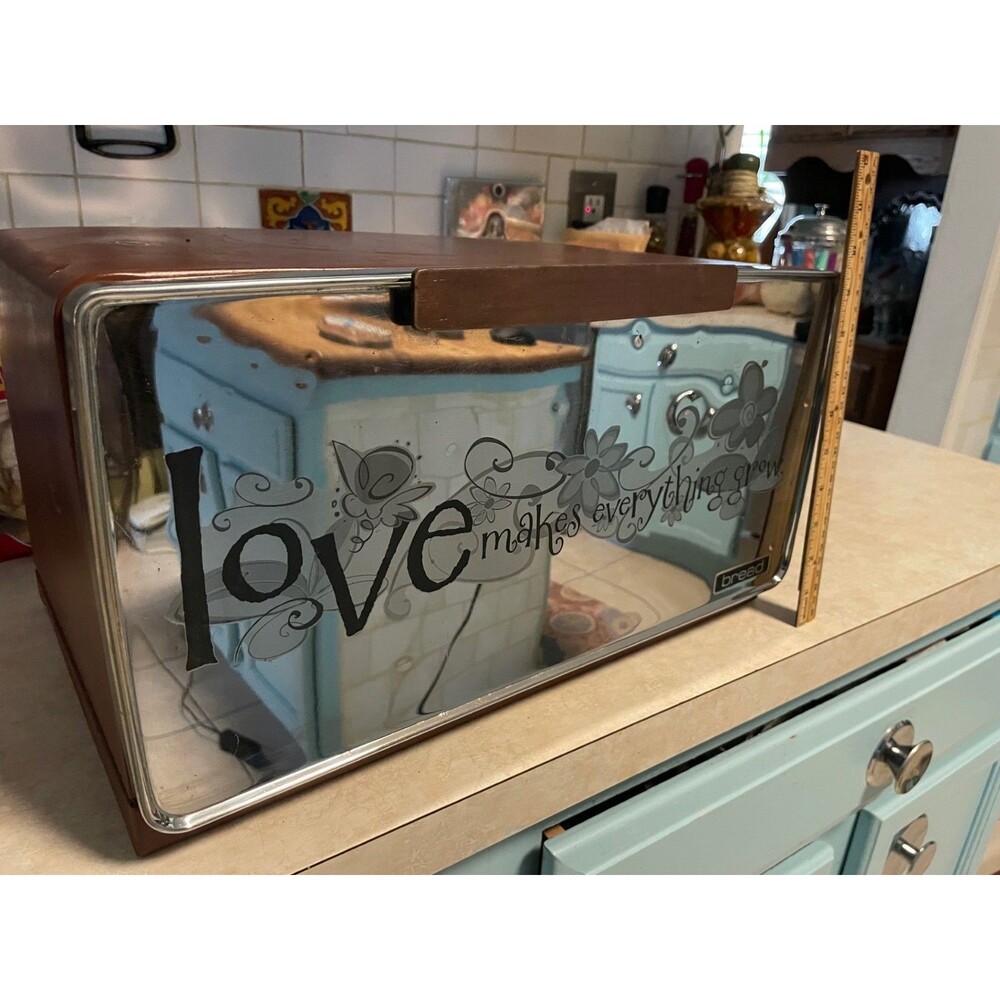 VINTAGE Chrome "Love Makes..." Bread Box LINCOLN BEAUTYWARE/CUTTING BOARD LID